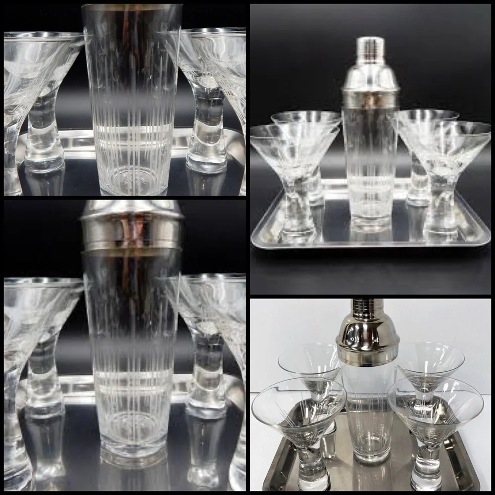 Home Essentials Hex 11 Set 4 Martini Etched Glasses Cocktail Shaker and Tray